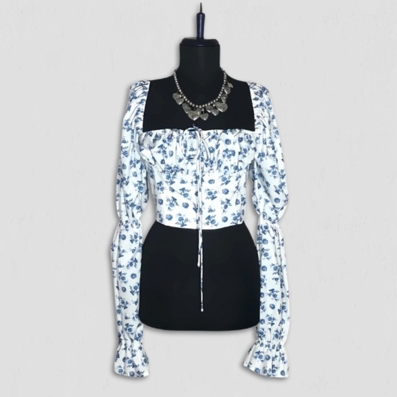 Vintage Y2K boho Cropped Top Tie Front Trumpet Sleeves Floral Blue & White M - Picture 3 of 13